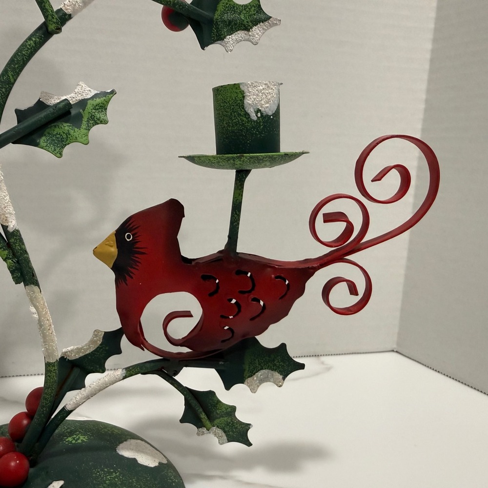 VTG Metal Cardinal Taper 3-Candle Holder Rustic Christmas Holly Bird Centerpiece - Picture 13 of 14
